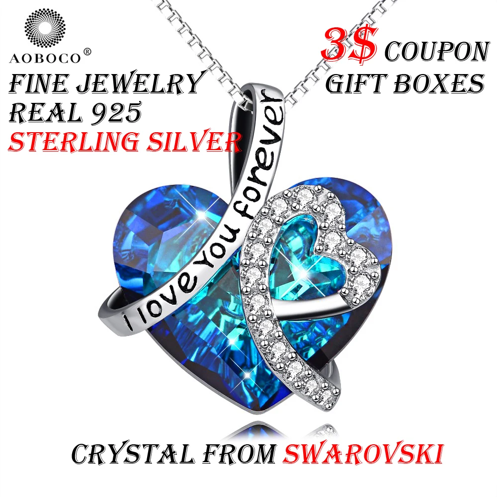 

Blue Crystal From Swarovski Heart Pendant Necklace Aoboco Brand I Love You Forever 925 Sterling Silver Fine Jewelry