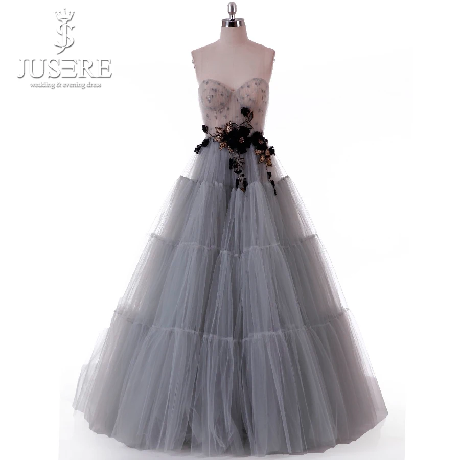 

Jusere Sweet Sweetheart Embroidery Pleats 3d Butterfly Lace up Back Lovely Lady Floor Length Grey Layers Evening Dress 2018