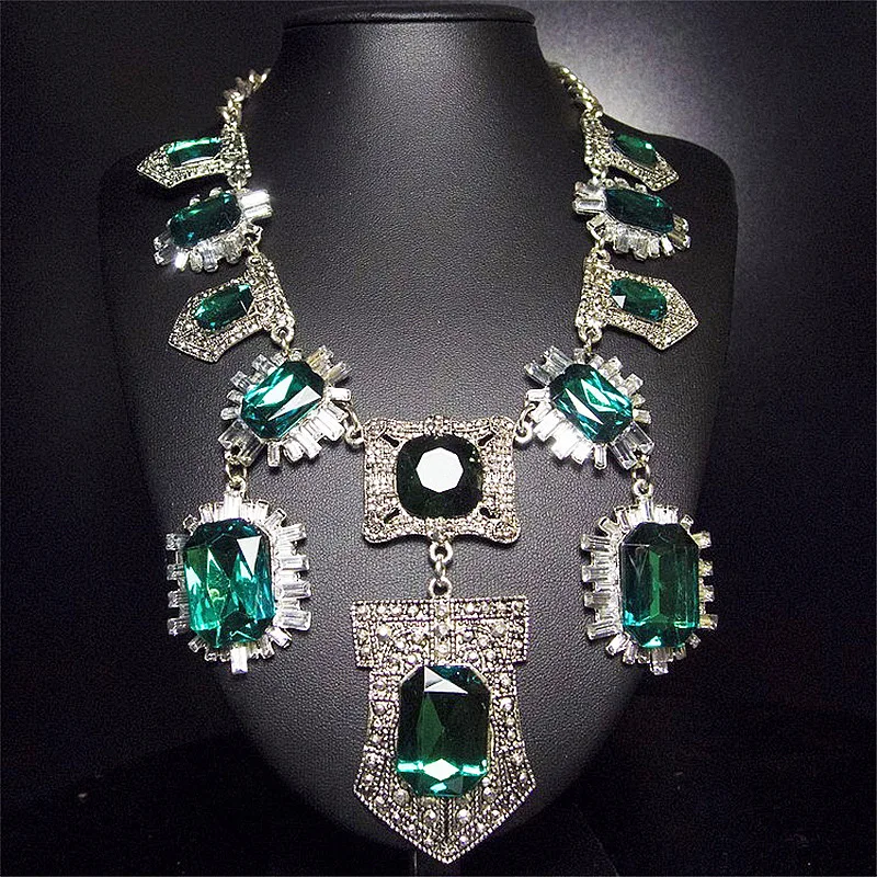 

3 Color Vintage Bohemian Rhinestone Big Square Created Crystal Silver Plated Statement Maxi Necklace Women Jewelry collier