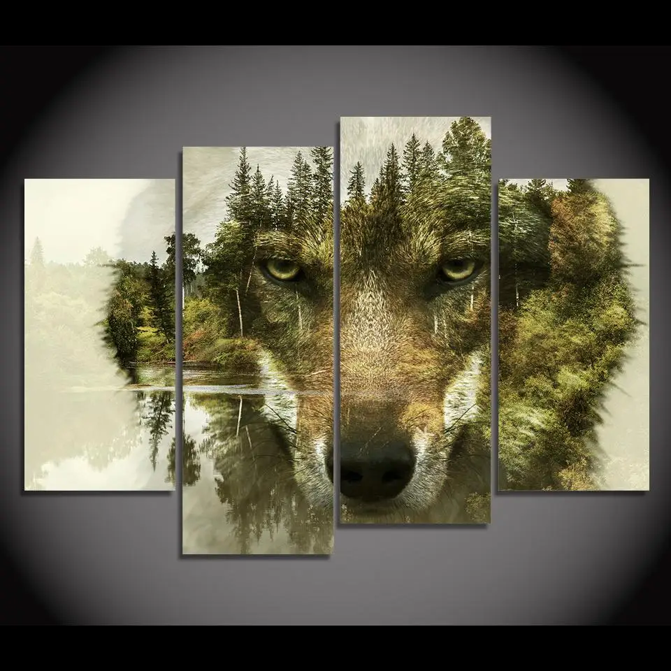

Canvas Wall Art Poster Home Decoration Modern 4 Panel Animal Wolf Forest Living Room HD Print Painting Modular Pictures Unframe
