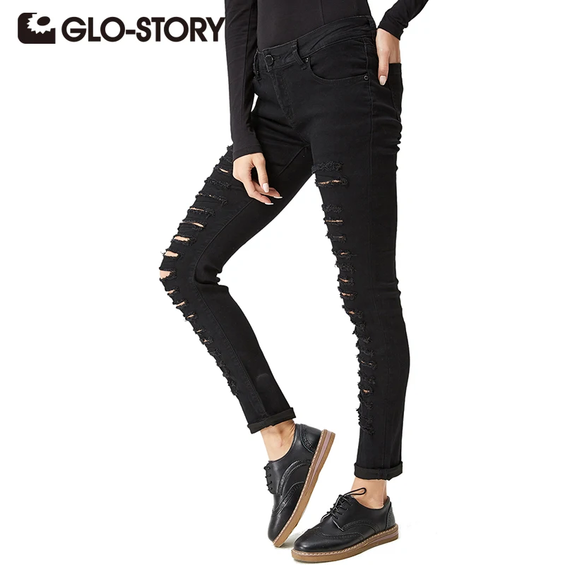 

GLO-STORY 2017 New Fashion European Style Women Pants Skinny Hole Black High Waist Zipper torn Jeans Femme WNK-2105