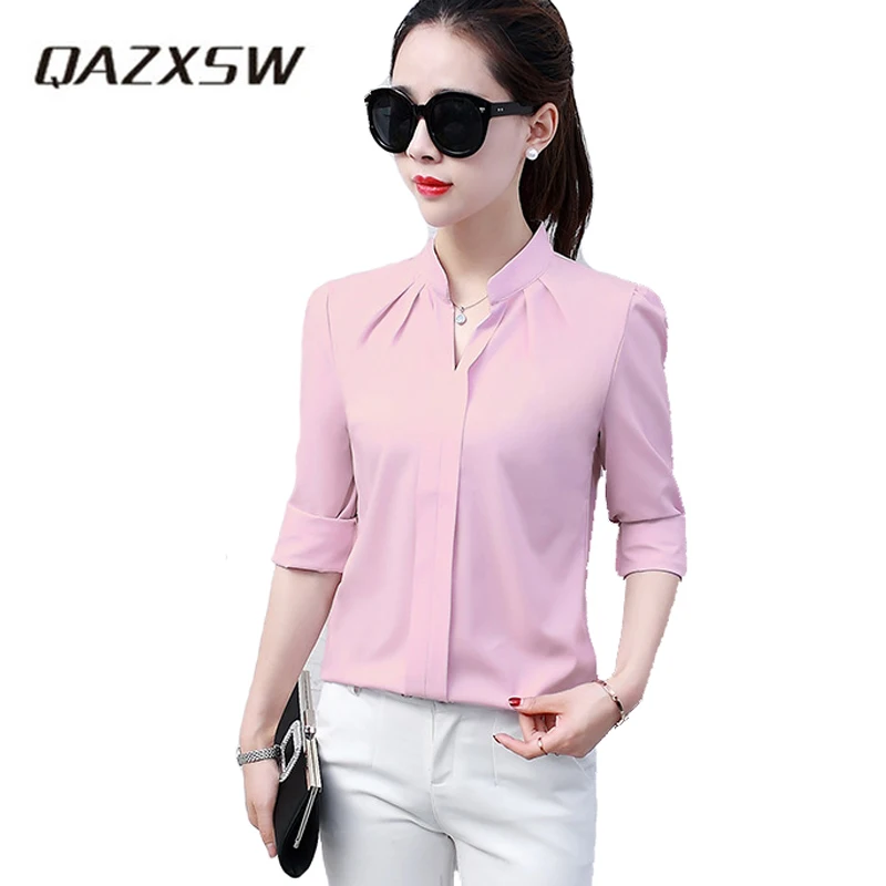 QAZXSW Women Tops Long Sleeve Casual Chiffon Blouse Female