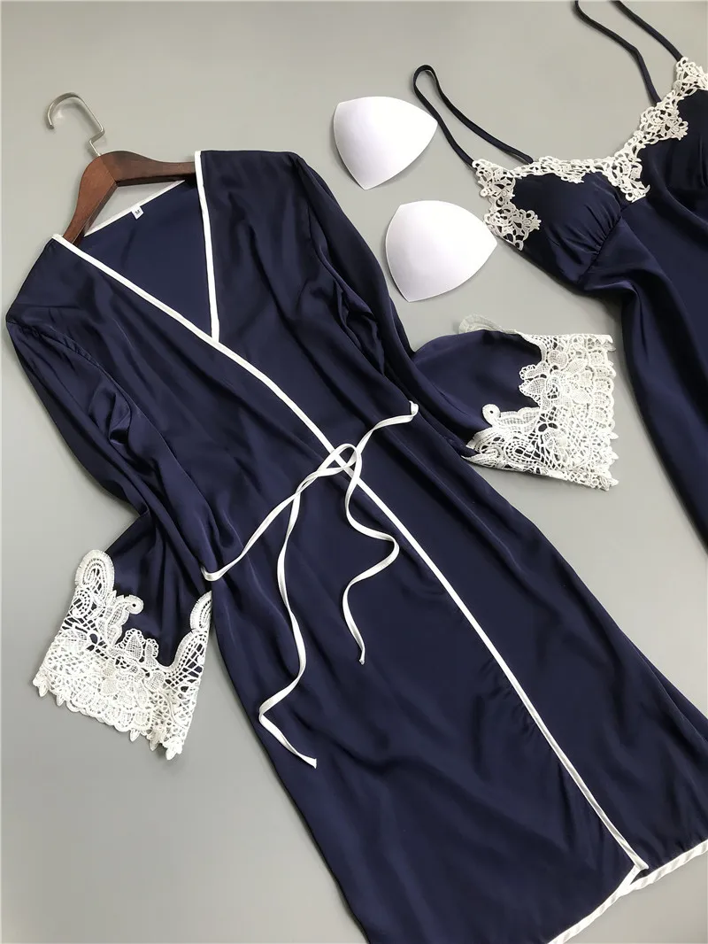 2 предмета, женский халат и платье, наборы, шелк, для сна, для отдыха, сексуальная пижама, Дамская одежда для сна, халат, ночное платье с накладками на груди