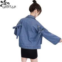 UHYTGF осенние куртки женская джинсовая куртка с бантом и Шнуровкой Свободные шикарные джинсы с рукавами-колокольчиками Женская куртка большого размера chaqueta mujer 750