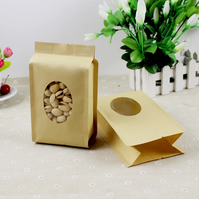 100pcs Sac en papier kraft avec fenêtre, sachet refermable Stand