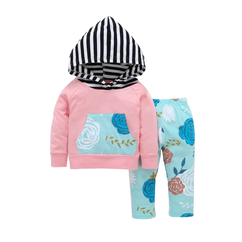 

Hot 0-3 years baby clothing sets 2017 Autumn new casual cute flower pink hooded shirt pants 2 pieces sets for todder girls suits