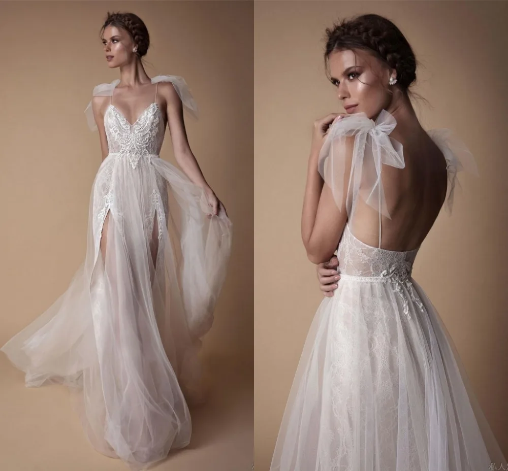 Ensotek 2019 Custom Made High End Lace Wedding Dress V Neck Beads Open