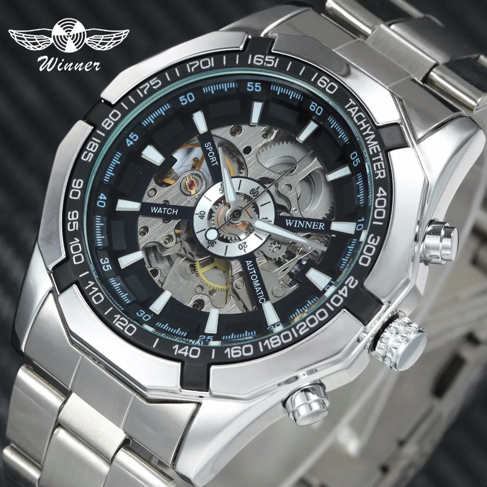 

WINNER Brand Silver Auto Mechanical Watch Men Stainless Steel Skeleton Dial Male Luxury Clock