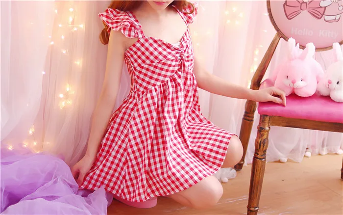 Летнее красное клетчатое платье в деревенском стиле; модные милые корейские платья для подростков; платья для маленьких девочек