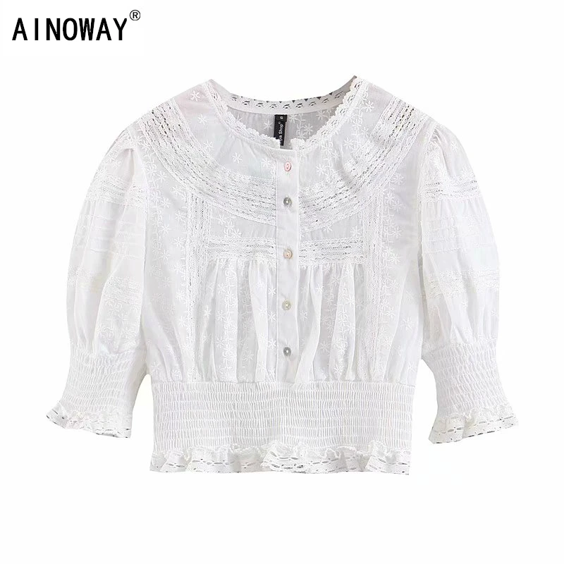 

Vintage chic fashion Women lace patchwork embroidery blouses shirt loose crop top lantern sleeve white shirts blusas kimono