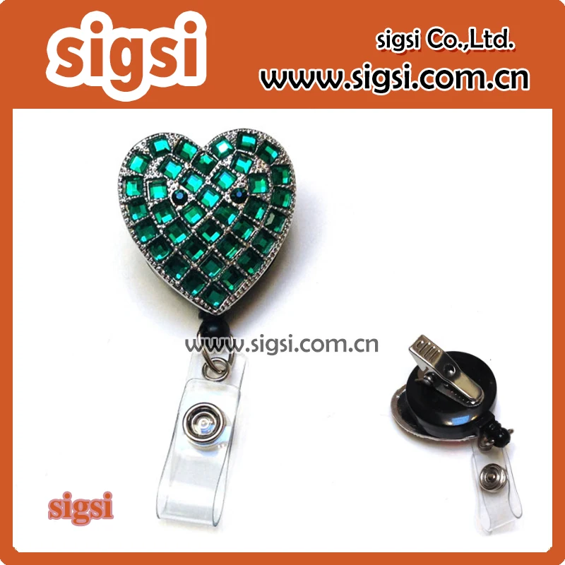 

Green color Rhinestone heart Retractable Reel / ID Badge Holder for Valentine's Day