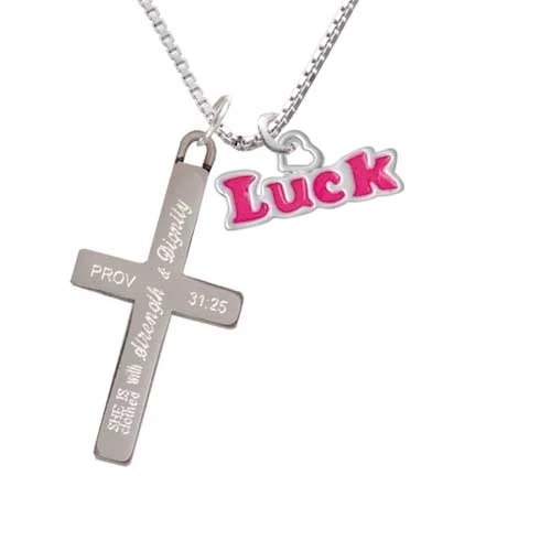 Hot Pink ''Luck'' with Heart - Strength and Dignity - Cross Necklace (1)