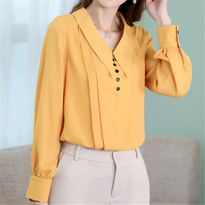 

Spring Women Chiffon Long Sleeve Shirt Office Lady Solid Color Casual V Neck Button Blouse Slim Fashion Shirt 2019 New Top Blusa