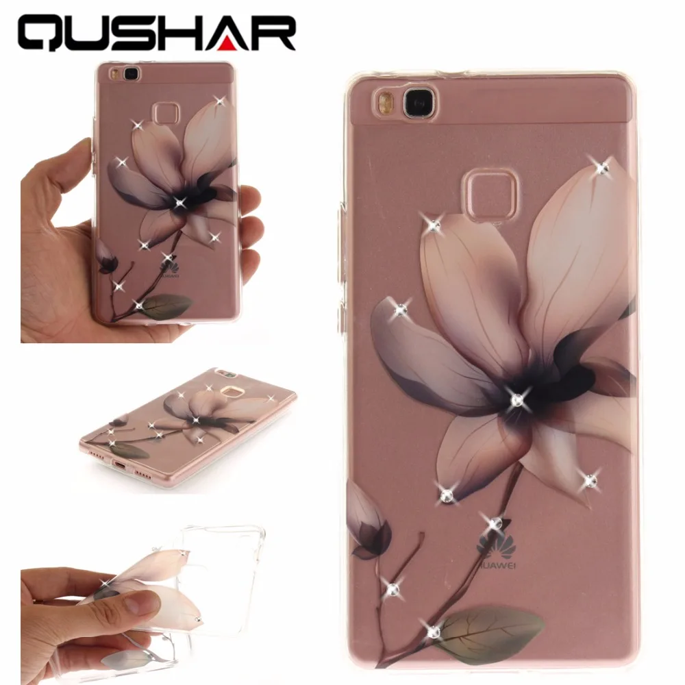 for Huawei P9 Lite Bling Rhinestone Case Flower Clear Silicon P9lite Soft Plastic Shockproof Back Cover Bag |