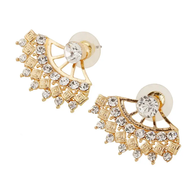 

Hot Crystal Fan Shape Ear Jacket Earrings Gold-Color Back Cuff Stud Earrings for Women Statement Jewelry Ear Studs