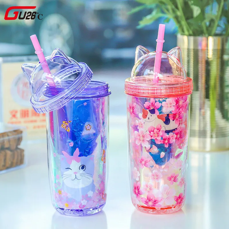

Super Cute Colorful Cat Ears Double Drinking Cups With Straw Leak Proof Outdoor Portable BPA Free Plastic Bottle Student Gift