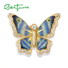 SANTUZZA серебряная брошь для женщин, подлинные 925 пробы, серебро, золото, цвет синий, Бабочка, модные трендовые ювелирные изделия ручной работы, эмаль