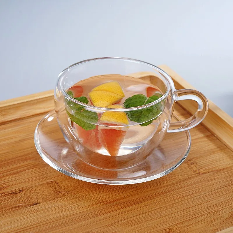 

150ml 200ml double glass cup and saucer with handle with tea mug double coffee cup and saucer set tea cafe cup and saucer set