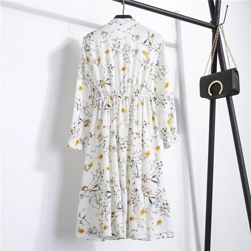 Весна-Осень, женские шифоновые платья со стоячим воротником и бантом, цветочный принт, оборки, Vestido, элегантное милое платье с длинным рукавом, S-XL