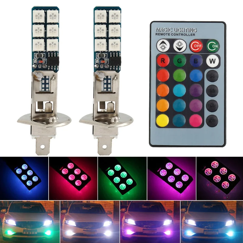 

2PCS LED H3 H1 881 Multi-color RGB Car Headlight Fog Lamps Bulb 5050 27SMD Fog Lamp Running Lights with Control Remote