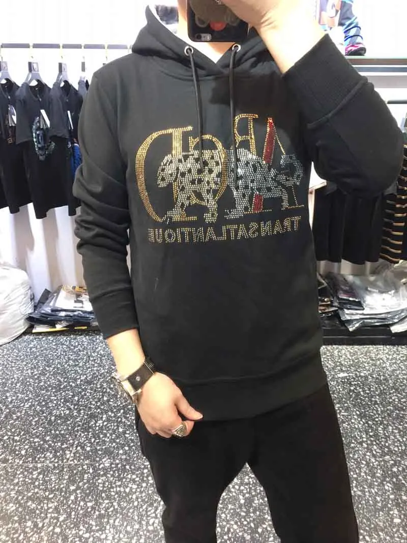 

2019 Spring Brand Sweatshirt Men Hoodies Harajuku Solid Hoodie Hip Hop Streetwear Pullover Men Casual Leopard hot drilling