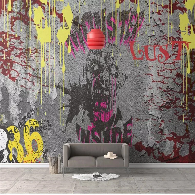 

Custom wallpaper mural horror graffiti cement wall living room TV background wall family art high-grade waterproof material