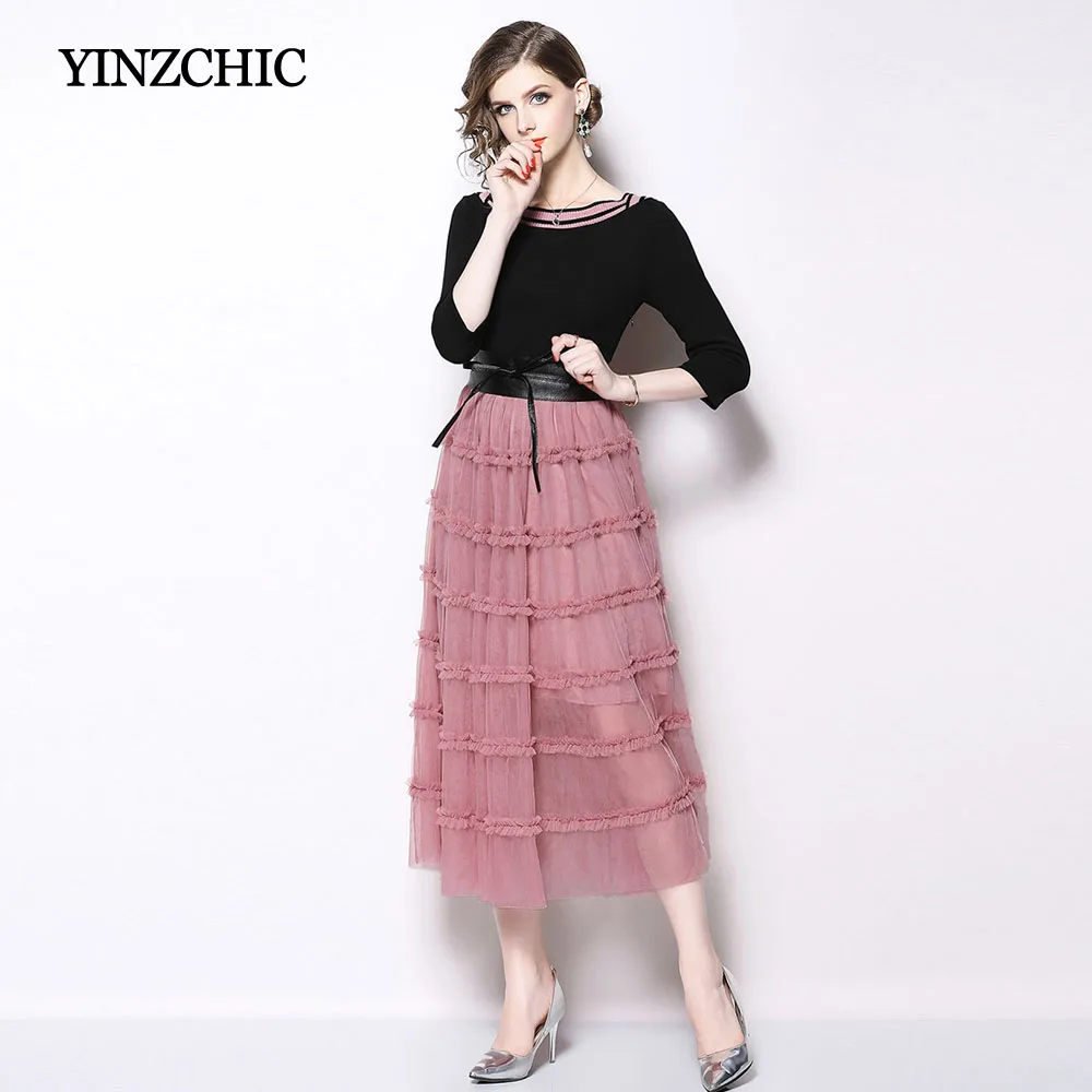 

Spring New Womans Midi Dresses O-Neck Knitted Top Patch Mesh Dresses Women Female Casual Autumn A-Line Dress