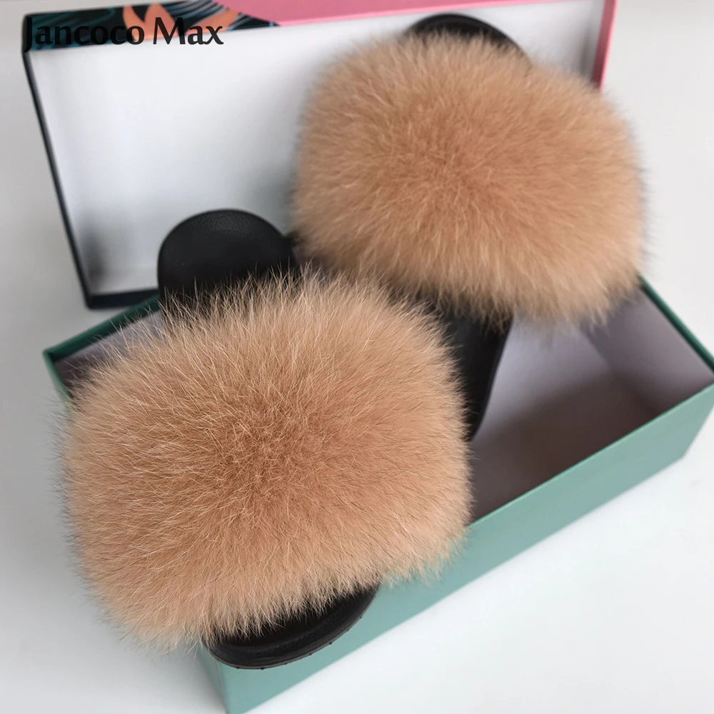 

2019 New Arrival Real Fox Fur Slippers Women Fashion Summer Wider Sliders Natural Fur Indoor Slides S6044
