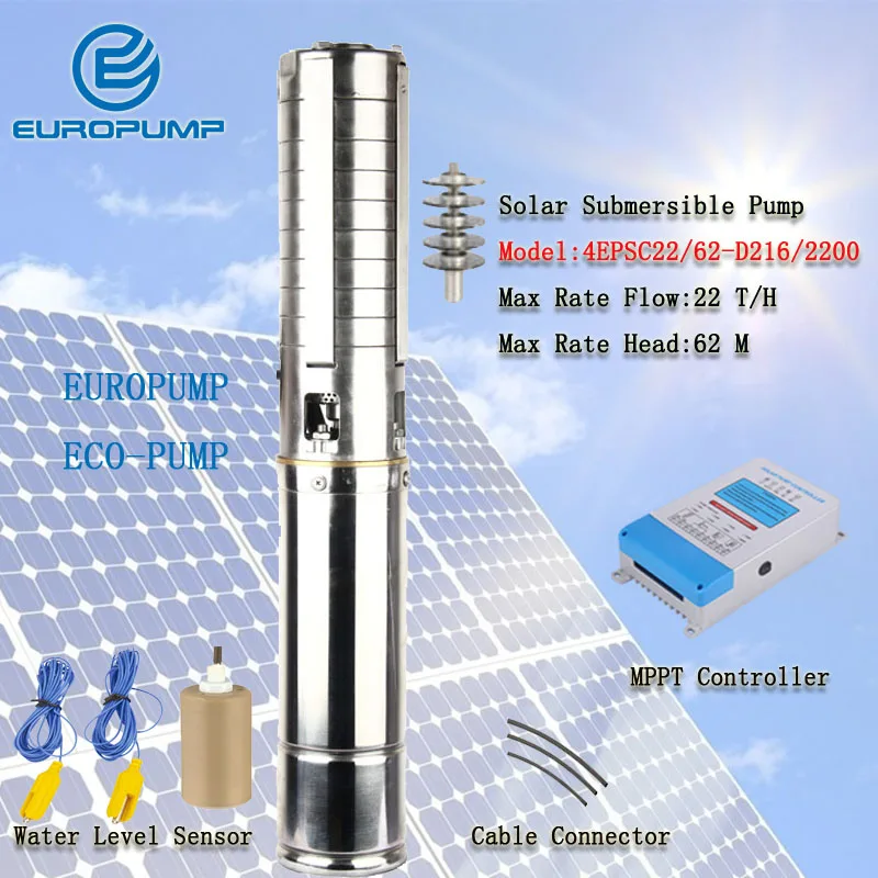 

EUROPUMP MODEL(4EPSC22/62-D216/2200) 4" Submersible water pump, Deep well pump solar dc water pump Multifunction Panel Deep Well