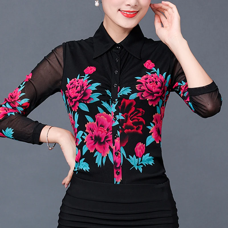 Осенне-весенняя модная женская блузка с длинными рукавами и цветочным узором, растягивающиеся Блузы с цветочным принтом 3XL