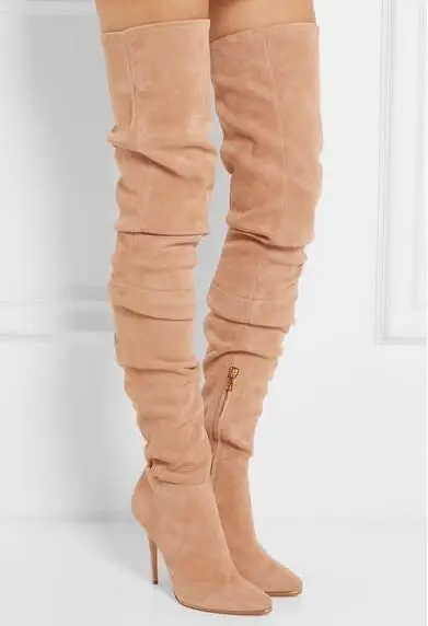 

Hot Selling Beige Suede Over The Knee Thigh High Boots Pointed Toe Side Zipper Long Women High Boots Plus Size 10 Customized