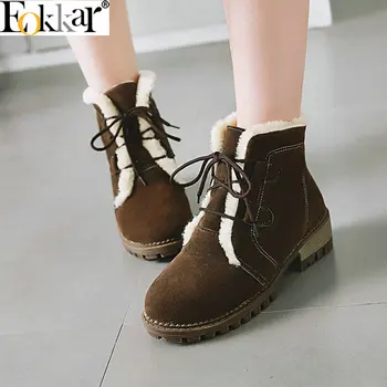 

Eokkar 2019 Snow Boots Flock Women Ankle Boots Lace Square Heel Winter Boots Plush Women Shoes Warm All Match Shoes Size 34-43