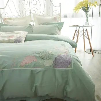 

Green embroidered flower bedding set teen adult girl,full queen king 100%cotton home textile flat sheet pillow case quilt cover