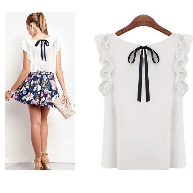 

Fashion Summer Chiffon Blouse Women O-neck Lotus Leaf Ruffles Sleeveless Blouses Casual Top Shirts Solid Back Bowknot Tops