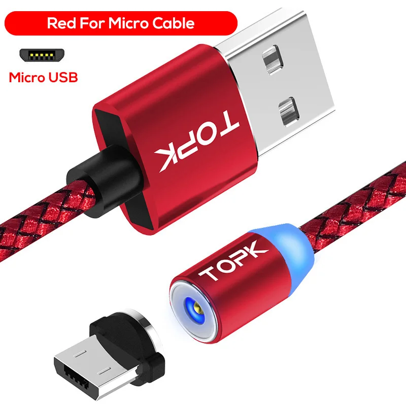 TOPK RLine1 светодиодный магнитный usb-кабель, 1 м и 2 м Магнитный USB type-C кабель и Micro usb кабель и USB кабель для iPhone X 8 7 6 Plus - Цвет: Micro Cable Red