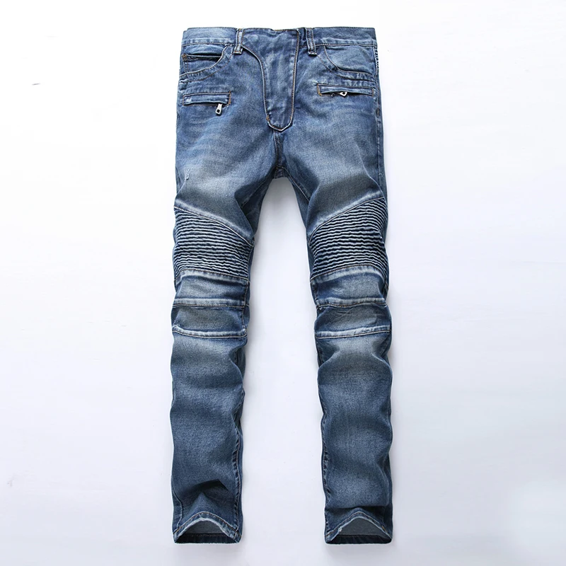 

Fashion Brand Designer Ripped Biker Men Jeans Distressed Moto Denim Joggers Washed Pleated motorcycle Jeans Pants for Men