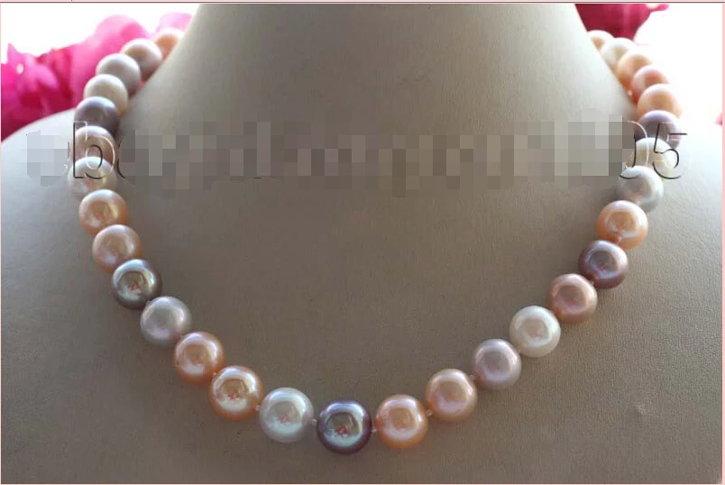 

17.5" Genuine Natural 12mm Multicolor Round Pearl Necklace 9k zircon #f1983! (A0322)