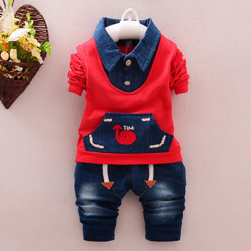 

2019 Spring boys t-shirts trousers 2 PCS sets baby clothes long sleeve denim Splice T-shirt + jeans 0-1-2-3-4 years old
