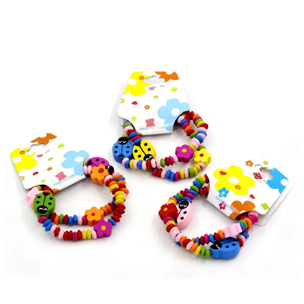 

Free Shipping Wood Elastic Bracelets Ladybug Colorful 19cm(7.5 Inch) Length,12Pairs (C00360)
