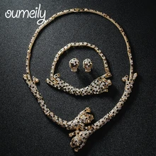 OUMEILY Dubai Sistema de La Joyería de Imitación de Cristal Para Las Mujeres Pendientes Del Collar Del Leopardo de Pulsera Chapado En Oro de Accesorios de Boda Del Partido