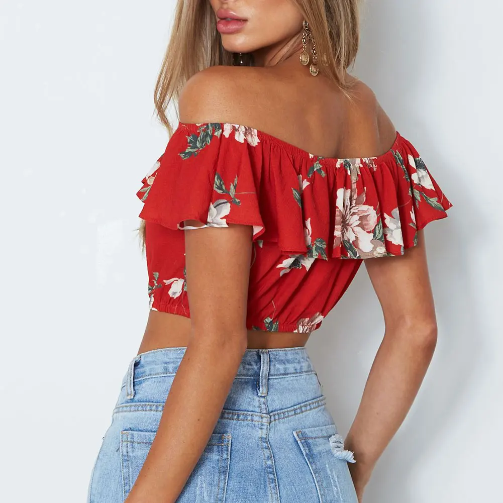 

New Arrival Summer Women Sexy Crop Top Off Shoulder Sleeveless Floral Printed Ruffles Casual