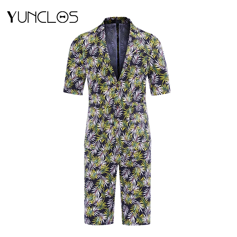 

YUNCLOS New Fashion Short Sleeve Men Suits Summer Slim Fit Suits Men's Holiday Wears Palm leaf Printed Suit Blazers and Shorts