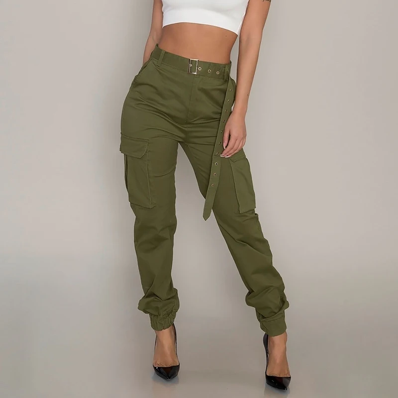 

Women Trouser High Waist Multi Pocket Buttons Female Pleated Pants Army Green