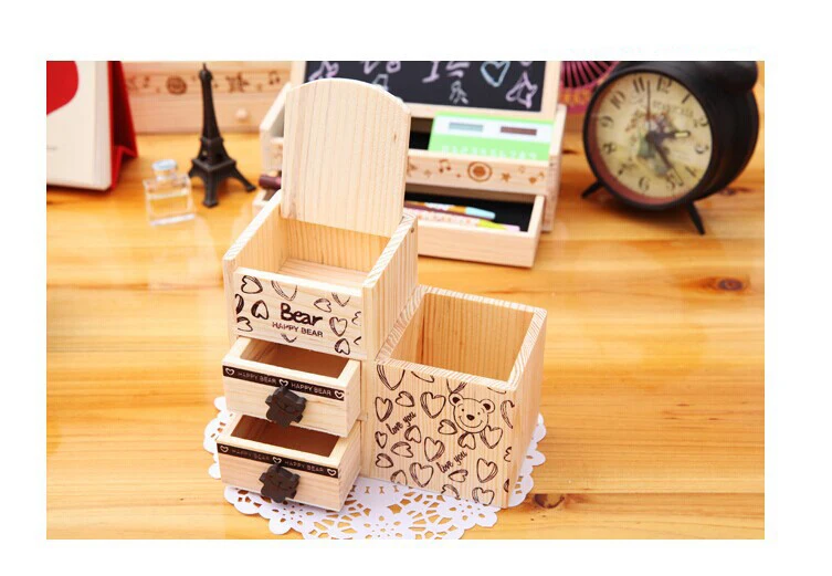 

Cute Cartoon Bear Wooden Pen Organizer Office Supplies Desktop Stationary With Drawer Multi-function Desk Pencil Holder Metal