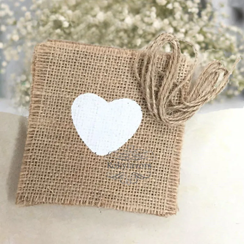 

100PCS Square Hessian Jute Burlap Mat w/ Heart 10cm x10cm Rustic Wedding Decor Vintage Anniversary Event Party Table Supplies