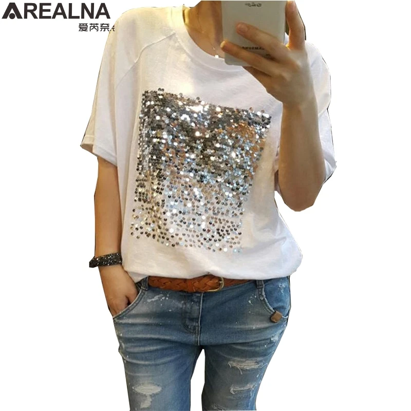 

Summer 2018 Korean harajuku white t shirt women tops casual sequins bamboo cotton funny t shirts tee shirt femme camisetas mujer