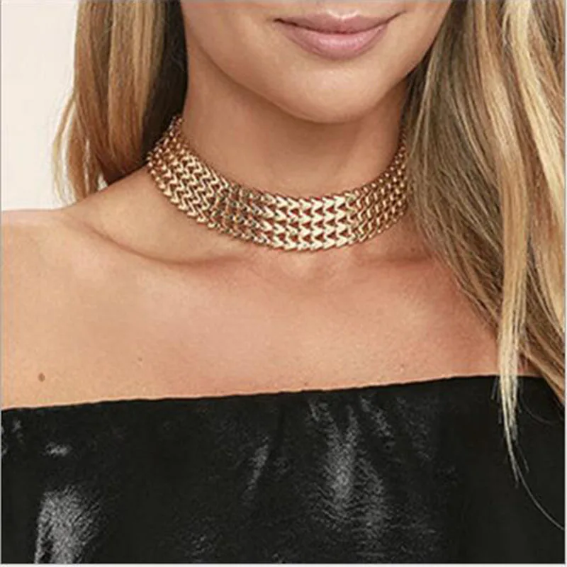 

Fashion wide women choker necklace gold/silver color zinc alloy female chain necklaces neck jewelry collier femme