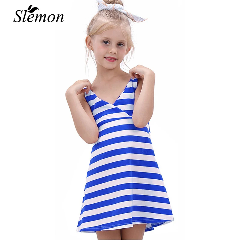 Little Girl Beach Backless Dress Children Striped Sleeveless Strap Vest