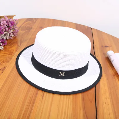 Женская летняя пляжная кепка от солнца, новинка, брендовая соломенная шляпа с плоским верхом, мужская шляпа-канотье, женские шляпы - Цвет: white