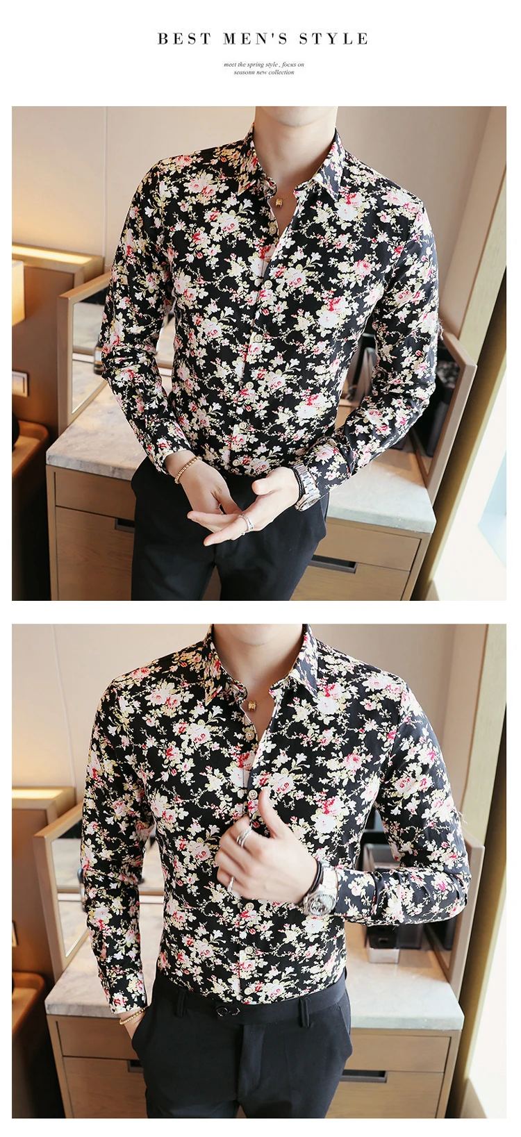 Men's Shirts Retro Floral Printed Man Casual Slim Shirt Fashion Classic Men Dress Shirt Men's Long Sleeve Brand Clothing